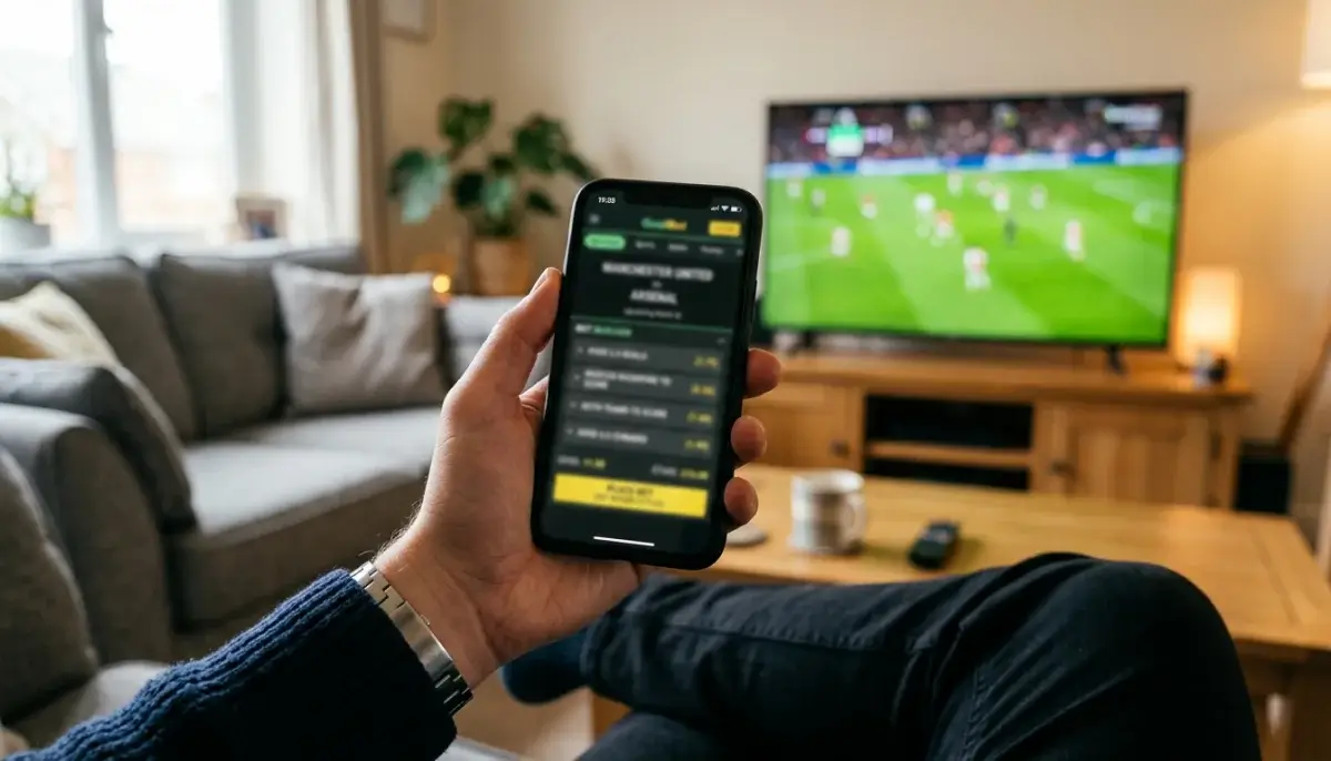 Ruka držící smartphone se sázkovou aplikací zobrazující funkci Bet Builder
