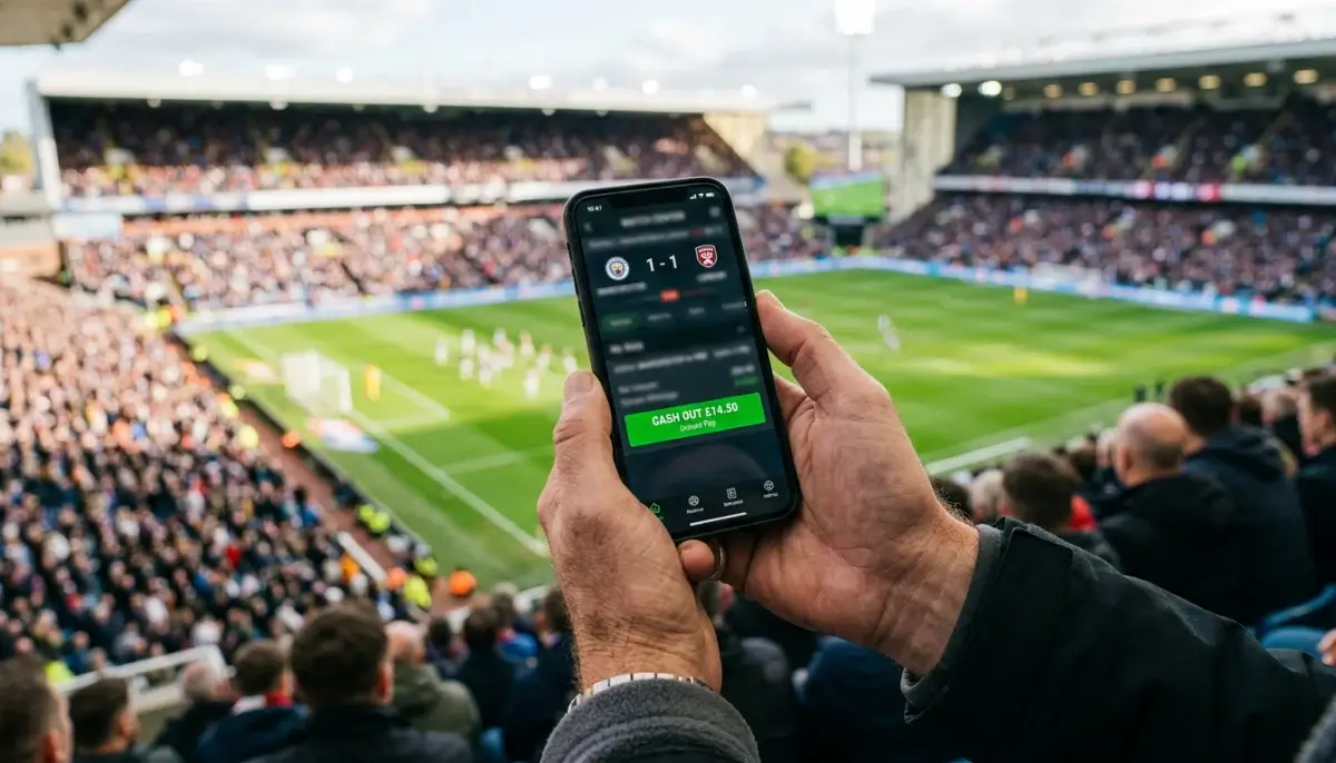Ruka držící mobilní telefon s otevřenou sázkovou aplikací na stadionu