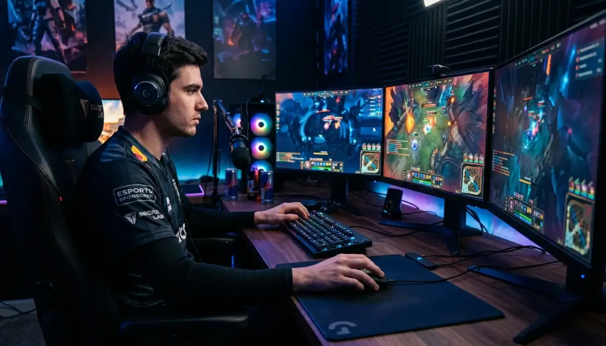 E-sportový turnaj — hráč u herního monitoru s profesionální klávesnicí a sluchátky