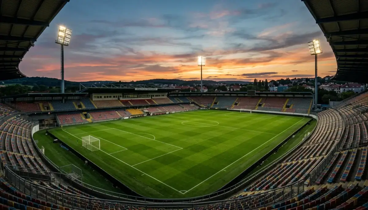 Fotbalový stadion s trávníkem a tribunami, typický pro českou Chance ligu