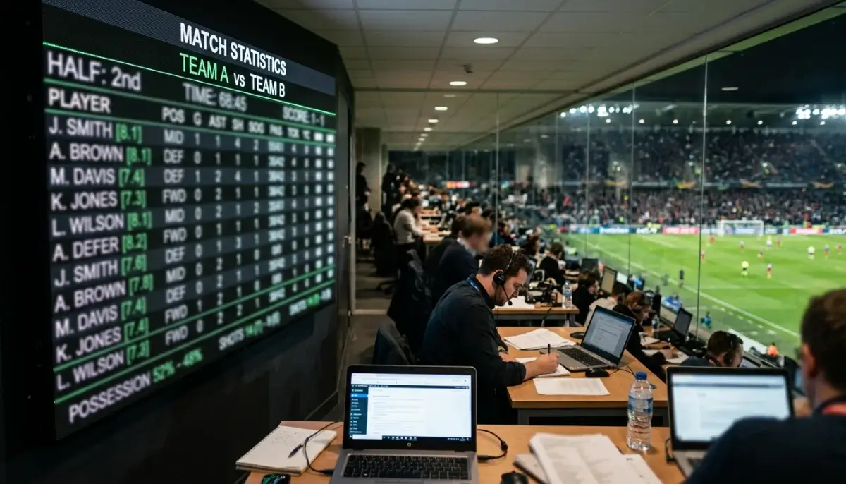 Sportovní statistická tabule se sloupci čísel na pozadí fotbalového stadionu