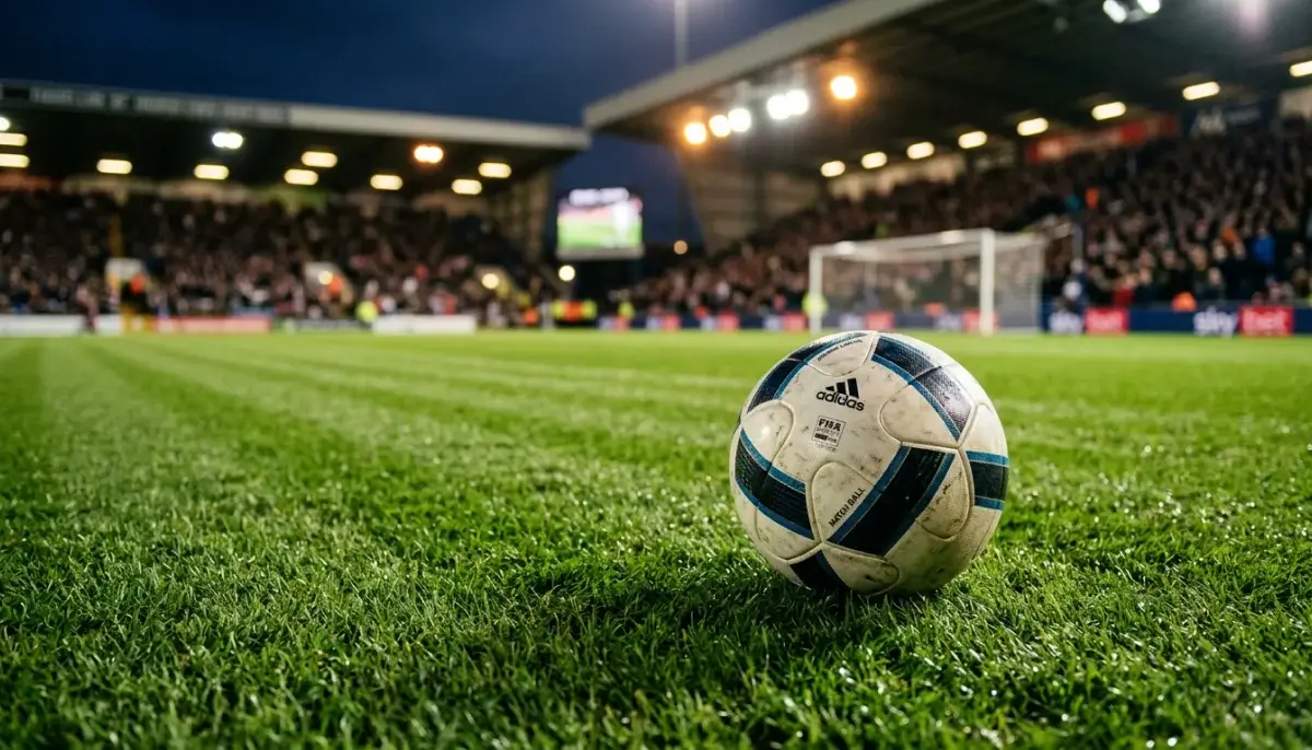 Fotbalový míč na zeleném trávníku se stadionem v pozadí