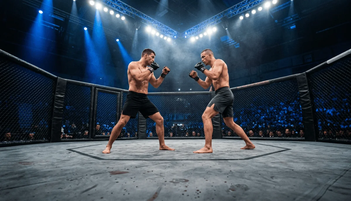 MMA zápas v oktagonu — dva bojovníci v postoji při osvětlení arény