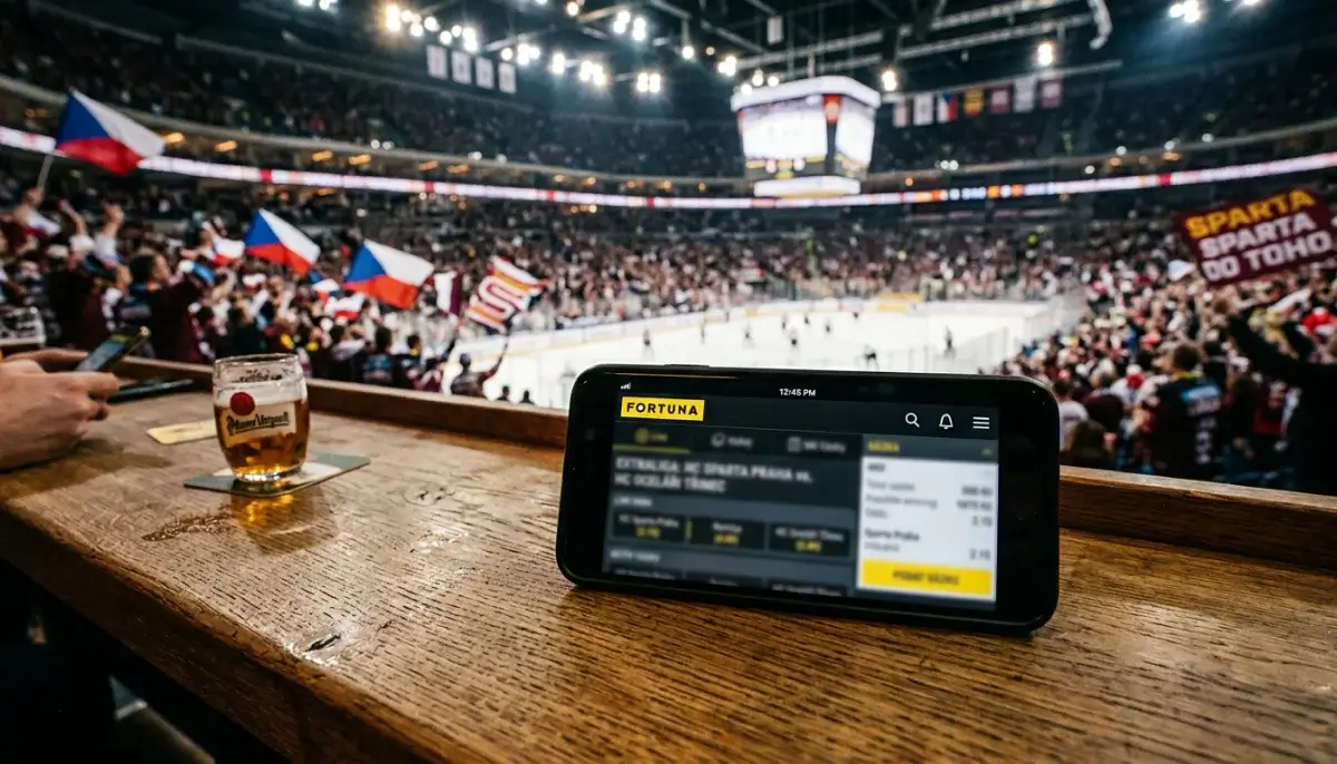 Mobilní telefon se sázkovou aplikací Tipsport na pozadí hokejového stadionu