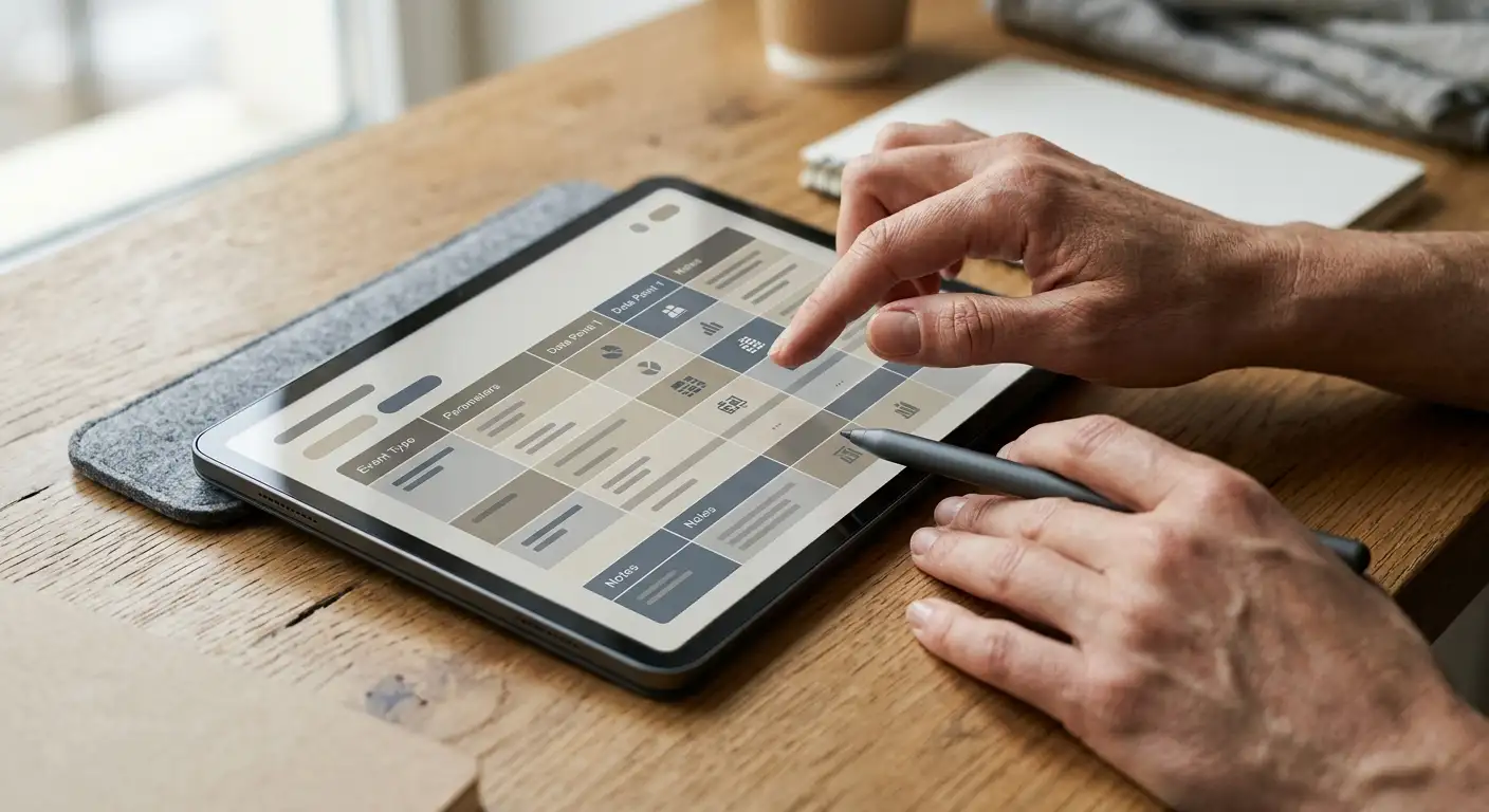 Detail rukou pracujících s tabulkou typů sázek na tabletu