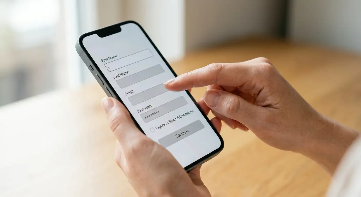 Proces zadávání bonusového kódu při registraci na mobilním zařízení